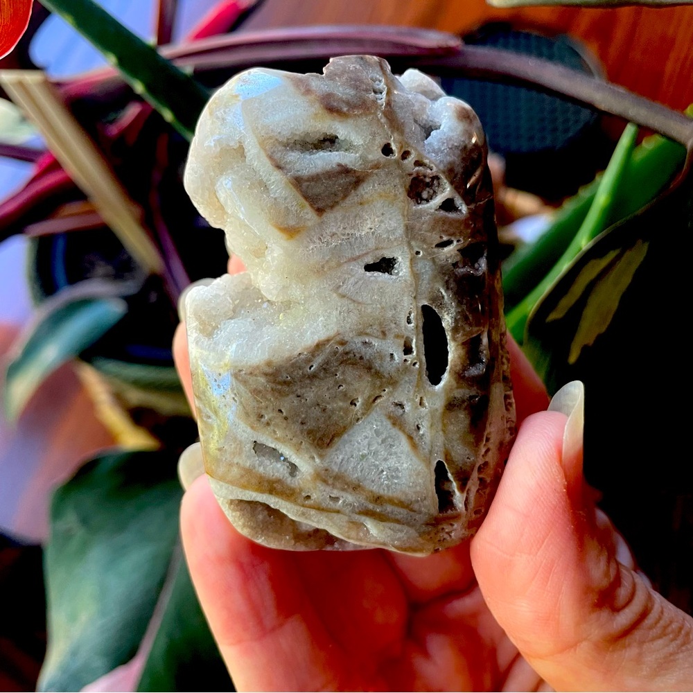 Sphalerite polished and raw palm stone. Druzy chalcedony from India